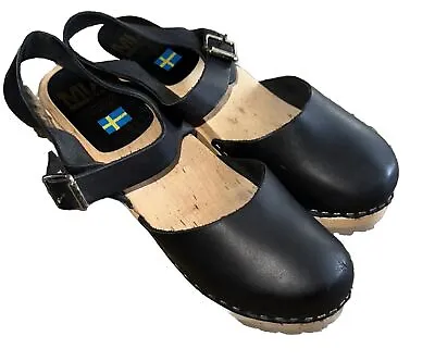 Mia Abba Luggage Black Leather Clog Platform Heeled Sandal Strap Shoe Women 6.5 • £36.87