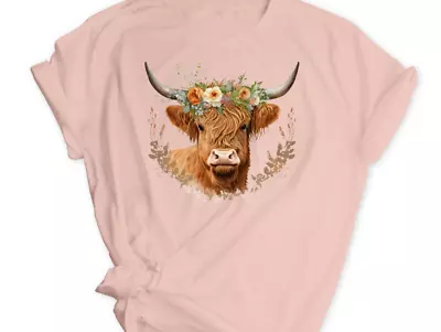 Cute Pink Highland Cow Top Ladies Cow T Shirt Watercolour Floral Tee Woman's • £9.99