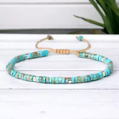 Natural Blue Turquoise Small Dainty Beads Healing Gemstone Women Men Bracelet • $13.98