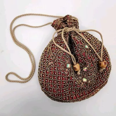 Small Beaded Sequin Purse Handbag Evening Bag Red Gold Boho Clutch India • $7.99