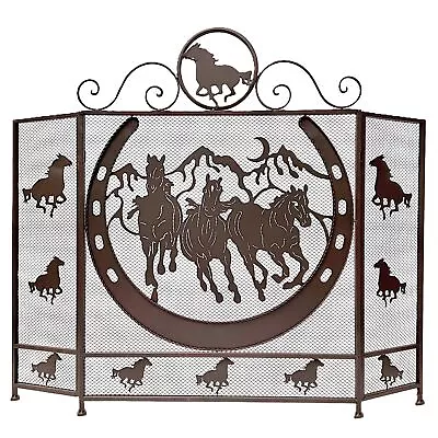 Rustic Metal Foldable Fireplace Screen With Horseshoe And Running Horses • $92.50