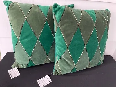 MacKenzie Childs Pillows Pair (2) Emerald Harlequin/Diamond Green NWT- Gorgeous! • $219