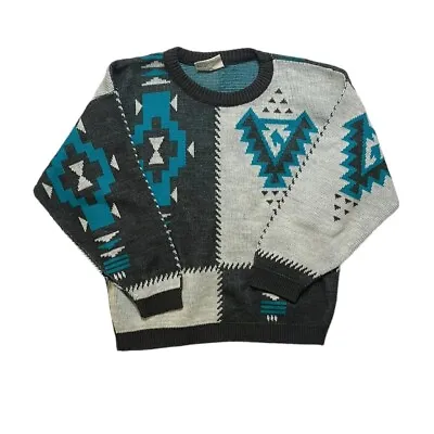 Vintage Justin Allen Size M Pull Over Bold Aztec Southwestern Grey Teal Sweater • $26