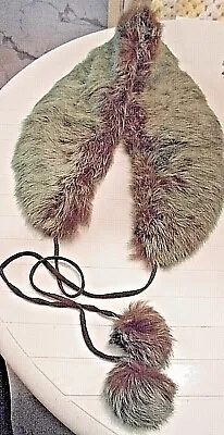 Genuine Rabbit Fur Collar With Pom-Pom By Passport GREEN Satin Lined GERMANY • $24.50