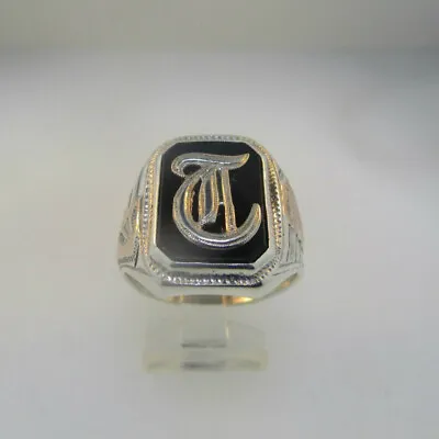 Sterling Silver Initial T Signet Monogram W/ 10k Yellow Gold Wing Accents Ring S • $99