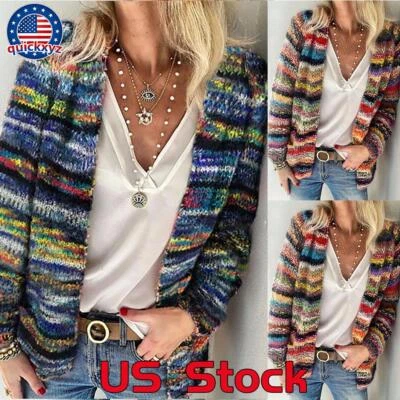 $20.69 • Buy Women's Casual Striped Knit Cardigan Ladies Long Sleeves Sweater Coat Plus Size