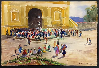 LATIN AMERICAN Watercolor ~ MEXICAN PLAZA CROWD ~ 1930s Indios SHELDON PENNOYER • $550