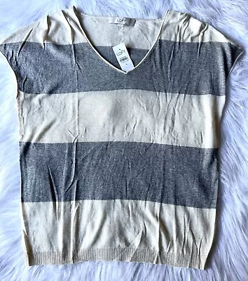 LOFT  Silver Ivory Striped Women's Sz S V Neck Sleeveless Sweater • $17