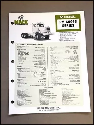1978 1979 Mack Truck Model RM 6006S Series Sales Specification Brochure Folder • $12.76