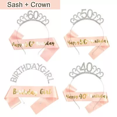 Happy Birthday Silver Tiara Headband Rose Gold Sash 18/30/40/50/60th Girls Crown • £4.79