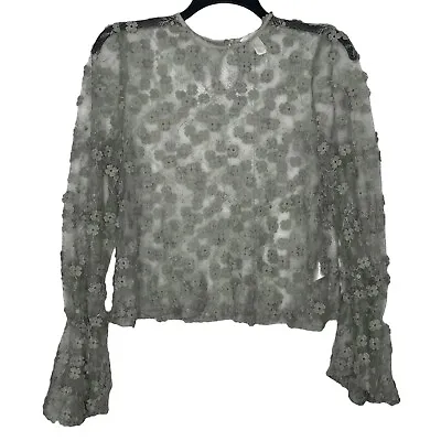 H&M Blouse Size 12 Bell Sleeves Embroidered Sheer Lace Mesh Floral Dusky Green • $20