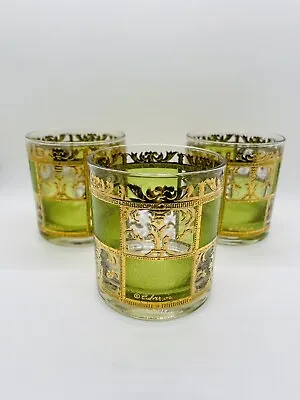 Vintage Mid Century Modern Culver Prado Green & Gold Rocks Glasses (Set Of 3) • $40