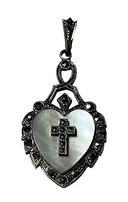 Antique Signed Sterling MOP Mother Of Pearl Marcasite Cross Heart Deco Pendant • $75