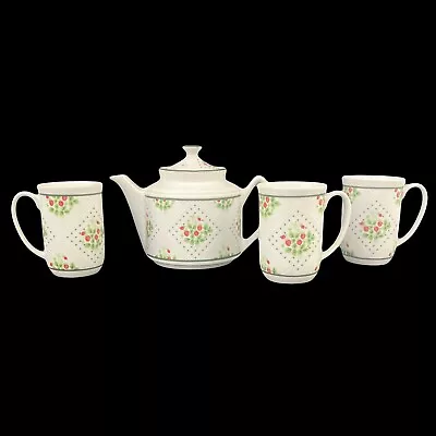 Vintage 1975 ENESCO Fine China  Swiss Strawberry Dot  Teapot & 3 Mugs • $29.99