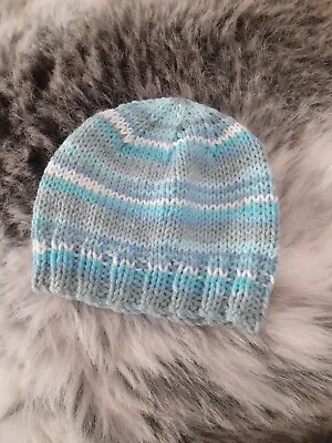 Hand Knitted Baby Unisex Beanie Hat Newborn Gift Hospital Shower Soft Blues • £2.75
