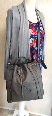 Jacques Vert Grey Leather Handbag Short/Long Handles Toggle Fastener Hobo Style • £39.99