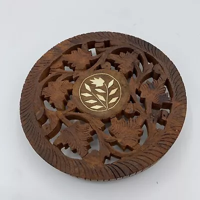 Vintage Wooden Hand Carved Indian 6  Round Trivet Boho With Inlay • $11.87