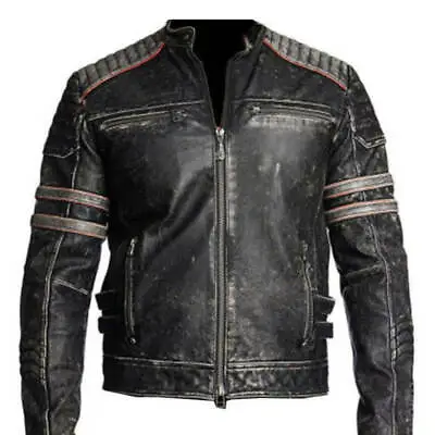 Mens Biker Vintage Motorcycle Distressed Black Retro Leather Jacket • $68.74