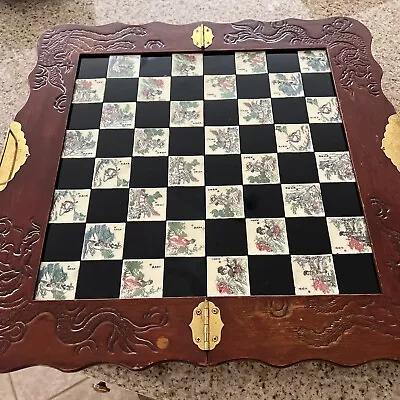 Vintage Asian Figure Chess Board Game Set W/Carved Dragon Wood Case Inlaid Tile • $90