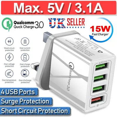4 Multi-Port Fast Quick Charge QC3.0 USB Hub Mains Wall Charger Adapter UK Plug • £5.19
