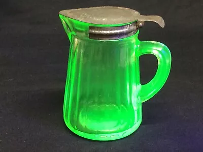 Vintage Uranium Vaseline Glass Green 1920s Syrup Dispenser Pitcher Spring Lid • $50