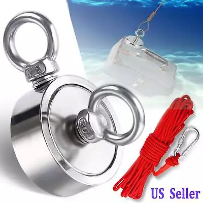 Up To 1300LBS Strong Fishing Magnet Kit Double Sided Pull Force & Rope Carabiner • $28.82