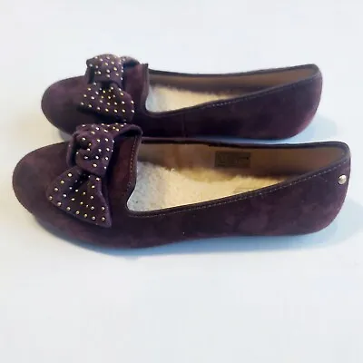 UGG Alloway Shoes Womens 6.5 Suede Wool Lined Studded Bow Ballet Flat Brown • $49.98