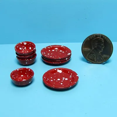 Dollhouse Miniature Dish & Bowl Set In Red Spatterware ~ IM65305 • $4.49