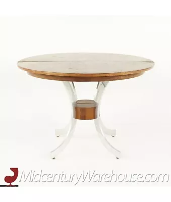 Romeo Rega Style Mid Century Walnut And Stainless Round Chevron Dining Table • $2295