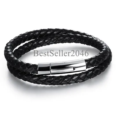 Men Black Braided Leather Bracelet Bangle With Stainless Steel Magnetic Clasp 8  • $8.99