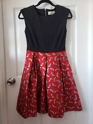 BNWT Modcloth Pinch Of Pizzazz Black Red Shoe Print Brocade Dress W/Pockets US 4 • $76.99