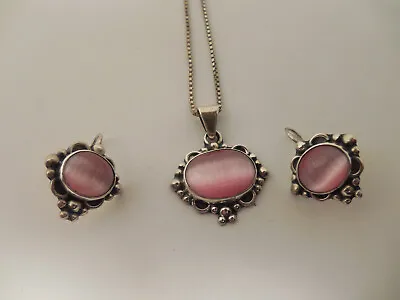 VINTAGE SIGNED 925 STERLING ATI MEXICO PINK STONE NECKLACE & EARRINGS SEt • $22.50