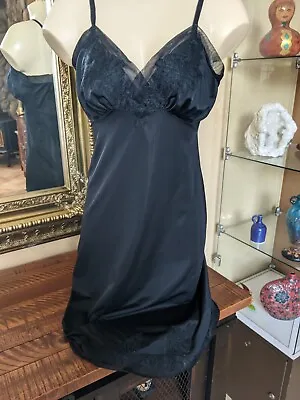 Vtg Sexy 60s Van Raalte Suavette Black Nylon Full Slip W/Lacy Sheer Details 34  • $12