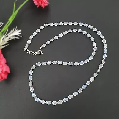 Rainbow Moonstone & Blue Sapphire Beads 925 Sterling Silver Faceted Necklace • $132.62