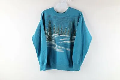 Vintage 80s Streetwear Womens Large Distressed Christmas Nature Sweatshirt Blue • $35.95