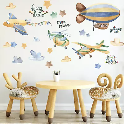 Boys Planes Stars Watercolour Removable Wall Sticker Nursery Decal Decor DIY Fun • $12.95