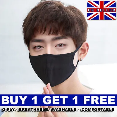 Black Cotton Face Mask Mouth Cover Breathable Virus Protection Reusable Washable • £3.49