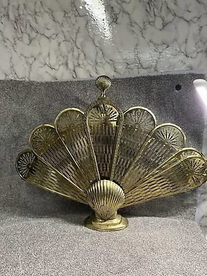 Vintage MCM Deco Brass Clam Shell Peacock Fan Folding Fireplace Screen • $199.95