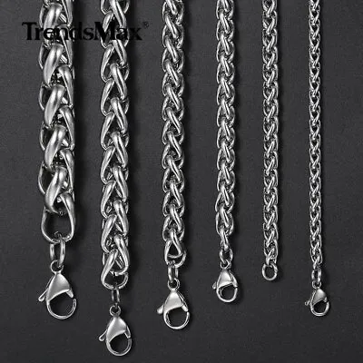3/4/5/6/8MM Mens Silver Stainless Steel Necklace Wheat Braided Chain 8-30  Gift • $7.59