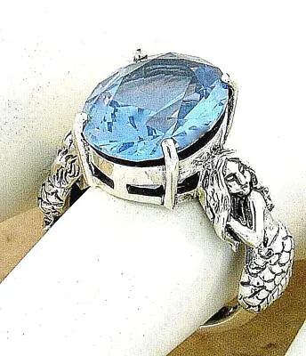 Victorian Style 925 Solid Sterling Silver Simulated Aquamarine Mermaid Ring #931 • $33.99