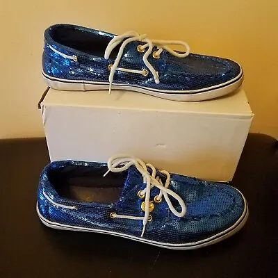 $10 • Buy APPLE BOTTOMS Blue Sequins Boat Shoes 10 Sparkle Bling