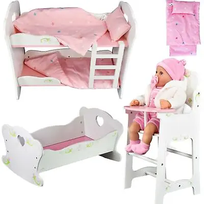 BiBi Doll Baby Doll Wooden Set High Chair Girls Toys Rocking Crib Cot Bed Pram • £19.99