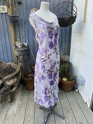 Jacques Vert Size 20 Purple & Silver Print Silk Blend Chiffon Satin Dress Bias • £89