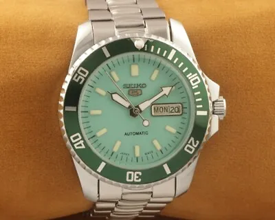 Vintage Seiko 5 Automatic GREEN BEZEL Turquoise Japan Working Wrist Watch 40mm . • $99.99