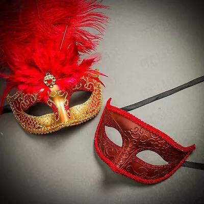 Luxury Gold Red Feather Masquerade Venetian Masks For Party Couple Men & Women • $11.90