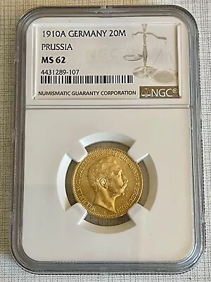 Germany 1910-A Prussia 20 Mark Gold NGC MS62 Sku# 5926 • $882.94