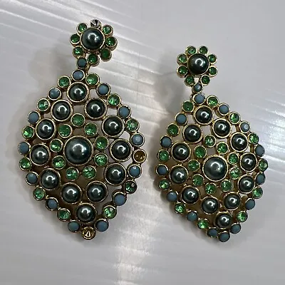MONET Blue Faux Pearls Green Crystals Gold Dangle Pierced Glam Retro Earrings • $7.25