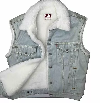 Vintage Levi's Jean Trucker Vest Sherpa Lined Made In USA Light Wash Men Sz M • $79.99