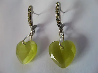 MARTINE WESTER GREEN HEART DROP DANGLE DIAMANTE BAR EARRINGS 4 CM New Gift Bag • £4.99