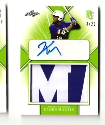 $7.99 • Buy 2021 Kaden Martin Leaf Perfect Game Auto 2 Clr Patch Green Rookie #3/20 Letter M